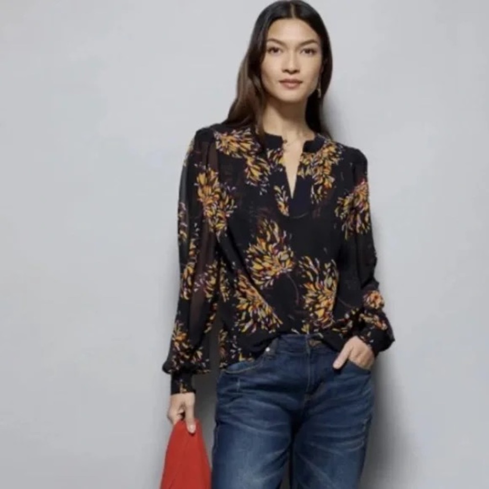 CAbi Black Floral Blouse with Mustard & Rust Accents - Picture 1 of 3